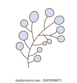 Delicada ilustración de rama con bayas azules suaves y redondeadas. Arte botánico minimalista, líneas limpias y una estética natural y calmante. Ideal para fondos, patrones y diseños.