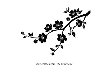 A delicate branch with open flowers, buds, and leaves, depicted in a solid black silhouette. The design is isolated on a clean white background, creating a simple and elegant graphic.