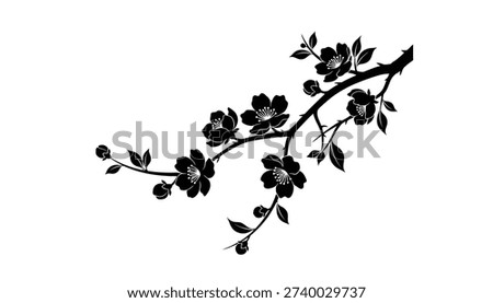 A delicate branch with open flowers, buds, and leaves, depicted in a solid black silhouette. The design is isolated on a clean white background, creating a simple and elegant graphic.