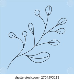 Delicate branch with small leaves berries in outline light blue twig plant