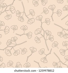 Delicate branches of Gingo  with leaves. Handmade black and white pattern on a vintage pink background. Seamless vector pattern.