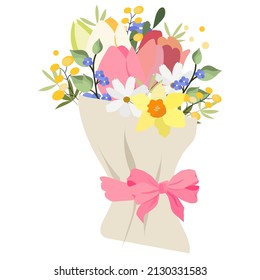 Delicado y luminoso ramo de estilo plano. Flores.Ilustración vectorial. Regalo para el 8 de marzo, día de la madre. Bouquet para niñas, mujeres