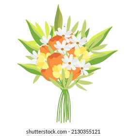 Delicate bright bouquet in a flat style. Vector illustration. Gift for March 8, mother's day. Bouquet for a girl, a woman.Tulrans, zrysanthemums, branches and leaves of greenery