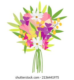 Delicate bright bouquet in a flat style. Vector illustration. Gift for March 8, mother's day. Bouquet for a girl, a woman.Tulrans, zrysanthemums, branches and leaves of greenery