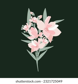 Delicados y luminosos ramos en un estilo plano con flores de magnolia y una exuberante vegetación. Ilustración vectorial.