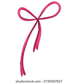 Fita fina rosa brilhante delicada amarrada em um arco simples com extremidades verticais longas. Ilustração vetorial bonita para a estética da coquete, embrulho do presente, e projetos românticos
