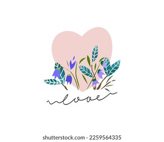Delicate and bright  wild and forest flowers and a heart vector illustration. Unique decoration for card, print or poster. Love and romantic theme.