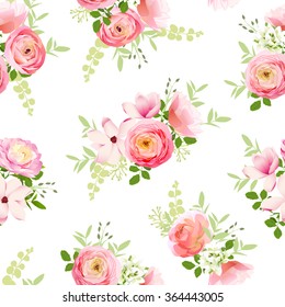 Delicado ramo de flores frescas primaverales. Rosa, ranunculus, magnolia, peony con una impresión vectorial transparente