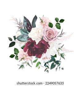 Delicate burgundy peony, white magnolia, pink rose and hydrangea, astilbe flower, eucalyptus, greenery, agonis big vector design wedding bouquet.Floral watercolor.Elements are isolated and editable