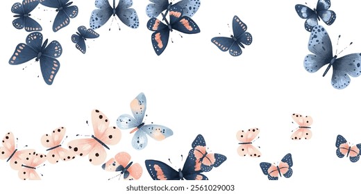 Delicate  butterflies in soft pink and blue hues create a whimsical and elegant pattern. Perfect for background designs, stationery, and fabric prints, adding a touch of nature's beauty to any project