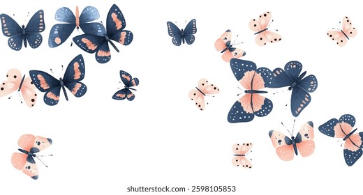 Delicate  butterflies in soft pink and blue hues create a whimsical and elegant pattern. Perfect for background designs, stationery, and fabric prints, adding a touch of nature's beauty to any project