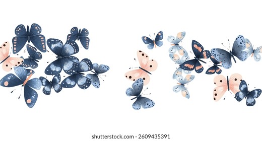 Delicate  butterflies in soft pink and blue hues create a whimsical and elegant pattern. Perfect for background designs, stationery, and fabric prints, adding a touch of nature's beauty to any project