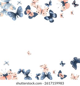 Delicate  butterflies in soft pink and blue hues create a whimsical and elegant pattern. Perfect for background designs, stationery, and fabric prints, adding a touch of nature's beauty to any project