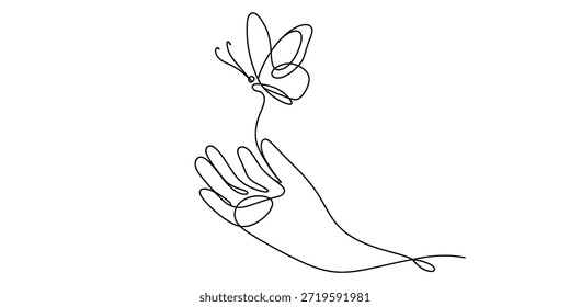Una delicada mariposa descansando suavemente sobre una mano humana en un cautivador Vector de dibujo de línea continua, ilustración