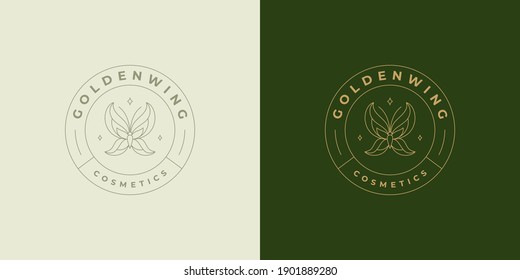 Delicate butterfly logo emblem design template vector illustration in minimal line art style. Linear silhouette for cosmetics company logotype or eco brand insignia