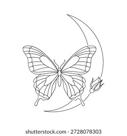 Delicado borboleta na lua crescente com flor bud linha arte ilustração