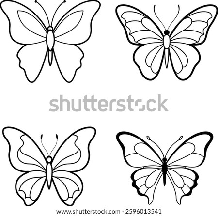 A delicate butterfly outline illustration featuring open wings, capturing intricate details in a minimalist vector design. Perfect for nature, transformation, and beauty-themed projects, 