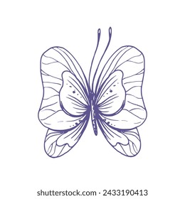Mariposa delicada con patrones en las alas, simple, dulce, ligero, romántico. Ilustración dibujada a mano en tinta lila en estilo de línea. Objeto vector EPS aislado