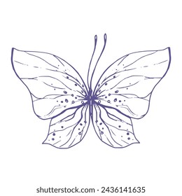 Delicate butterfly with patterns on the wings, simple, sweet, light, romantic. Illustration graphically hand-drawn in lilac ink in line style. Isolated EPS vector object
