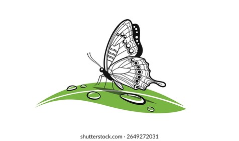 A Delicate Butterfly Rests on a Dewy Leaf Surrounded by Nature's Beauty and Serenity