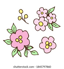 Delicado conjunto de vectores florales de color calmado. Pequeñas flores rosas, hojas verdes aisladas en fondo blanco. Para impresiones, patrones, postales, invitaciones, etiquetas.
