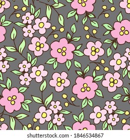 Delicate calm floral vector seamless pattern in rural style. Small pink flowers, green leaves on a gray background. For printing on fabrics, textiles, clothing.