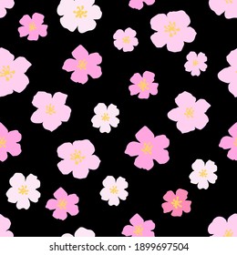 Delicado patrón de vector floral calmado sin fisuras. Flores de sakura rosa claro sobre un fondo negro. Para impresiones de tela, productos textiles, papelería, diseño estacional de primavera.