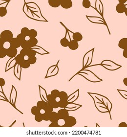 Delicate calm floral vector seamless pattern. Brown silhouette of flowers, twigs, leaves on a pink background. For printing on fabric, textile, packaging, clothing.
