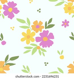 Delicate calm floral vector seamless pattern. Pink, yellow flowers, green leaves on a light blue background. For fabric prints, clothes, home decor.