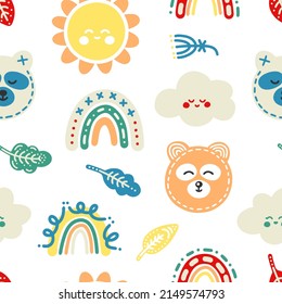 Delicate calm vector pattern in scandinavian style. Dreamy print with pastel sleepy teddy bears, sun, clouds and leaves for kids, decor, wrappers, interior, textiles, decor, clothes