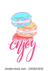 Delicate card with colored drawing of macaroon and Enjoy hand drawn lettering. Brush calligraphy.  Vector template for the menus, greeting cards, invitations, and your design