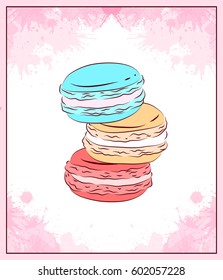Delicate card with colored drawing of macaroon and pink watercolor splashes. Vector element for the menus, greeting cards, invitations, and your design