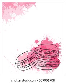 Delicate card with contour drawing of macaroon and pink watercolor splashes. Vector element for the menus, greeting cards, invitations, and your design