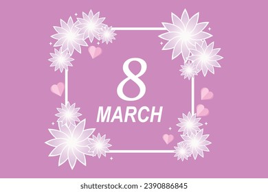 Delicate card for March 8th, illustration with white flowers and frame. Holiday concept. Vector illustration.