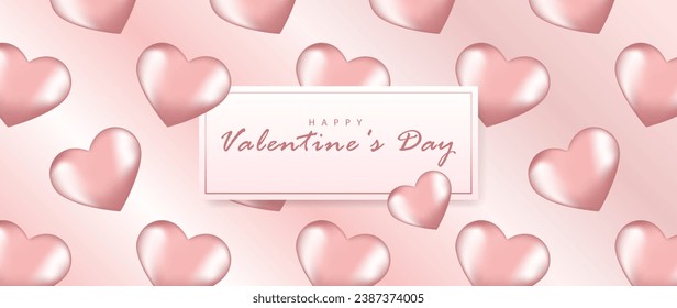 Delicate card for Valentine's Day with pink 3D hearts. Pink love holiday background, wallpaper, poster, banner