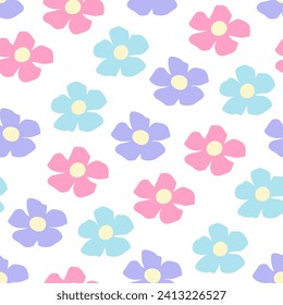 Delicate children's floral print. Pastel texture for nursery decoration. Simple adorable flowers for seamless patterns for baby shower holiday products. Blue pink lilac petals, inflorescences, buds.