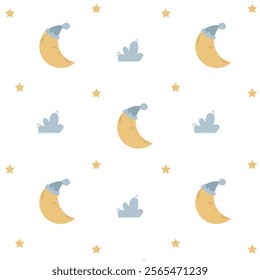 delicate children's pattern with a moon in a cap and stars on a white background