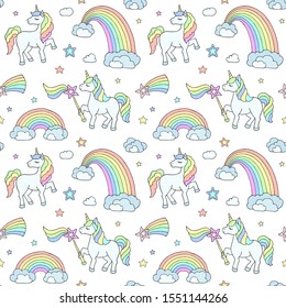 Delicate children's pattern with unicorns, rainbows and clouds on a white background. Suitable for printing on fabric, baby underwear, baby Wallpaper.