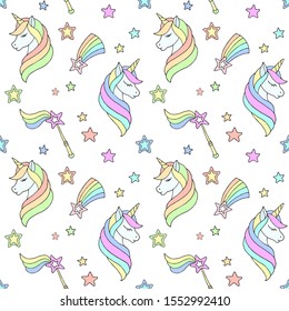 Delicate children's pattern with unicornsand other objects on a white background. Suitable for printing on fabric, baby underwear, baby wallpaper.