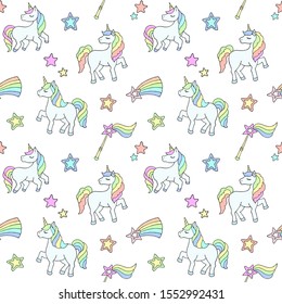 Delicate children's pattern with unicornsand other objects on a white background. Suitable for printing on fabric, baby underwear, baby wallpaper.