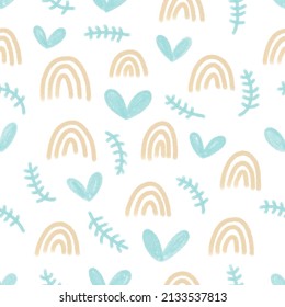 Delicate children's Scandinavian pattern on a white background. Pastel spring rainbows, hearts and twigs in watercolor style for postcards, wrappers, textiles, decor, interior, kids