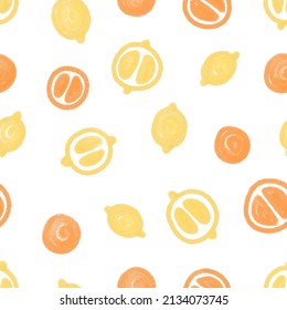 Delicate children's vector pattern with lemons and oranges on a white background. Cute watercolor elements on the theme of food, summer, fruit for backgrounds, prints, postcards, wrappers, textiles
