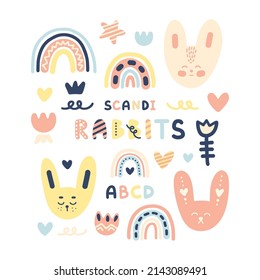 Delicate children's vector set in scandinavian style. Pastel bunnies, rainbows, flowers and funny inscriptions for prints, posters, patterns, backgrounds, wrappers, postcards, textiles, decor, nursery