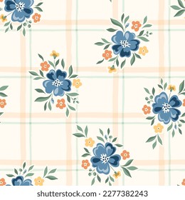 Delicate Chintz Romantic Meadow Wild Flowers and Plaid Checks Vector Seamless Pattern. Cottagecore Garden Flowers and Foliage Print. Homestead Bouquet. Farmhouse Background