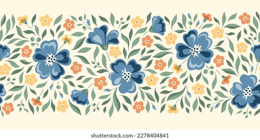 Delicate Chintz Romantic Meadow Wild Flowers Horizontal Vector Seamless Pattern Border. Cottagecore Garden Flowers and Foliage Print. Homestead Bouquet. Farmhouse Background