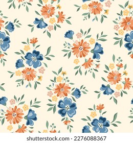 Delikate Chintz Romantische Wiese Wildblumen Vektor nahtlose Muster. Kernstück Gartenblumen und Blattdruck. Hausfrau Bouquet. Bauernhof-Hintergrund