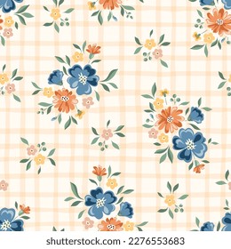 Delicate Chintz Romantic Meadow Wildflowers and Gingham Plaid Vector Seamless Pattern. Cottagecore Garden Flowers and Foliage Print. Homestead Bouquet. Farmhouse Background