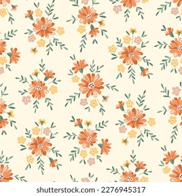 Delicate Chintz Romantic Meadow Wildflowers Vector Seamless Pattern. Cottagecore Garden Flowers and Foliage Print. Homestead Bouquet. Farmhouse Background