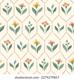 Delicate Chintz Romantic Meadow Wildflowers and Geometric Tiles Vector Seamless Pattern. Cottagecore Garden Flowers and Foliage Print. Homestead Bouquet. Farmhouse Background. Flowers in Greenhouse