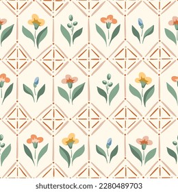 Delikate Chintz Romantische Wiese Wildblumen und geometrische Tiles Vektor nahtlose Muster. Kernstück Gartenblumen und Blattdruck. Hausfrau Bouquet. Bauernhaus-Hintergrund. Blumen in Greenhouse